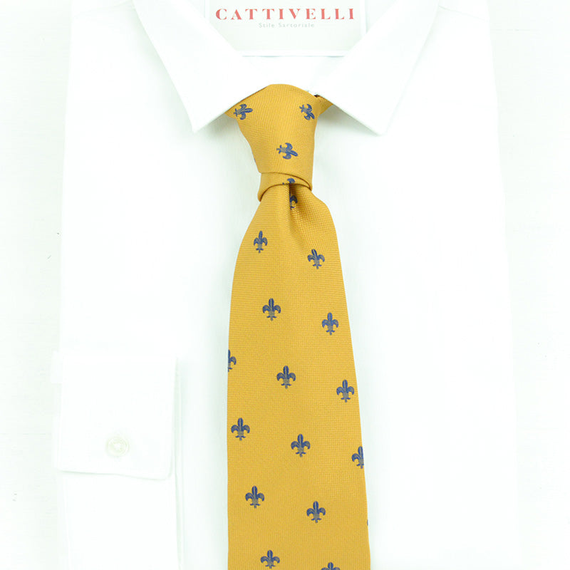 Cravatta Artigianale Light Blue Giglio di Firenze in Mustard