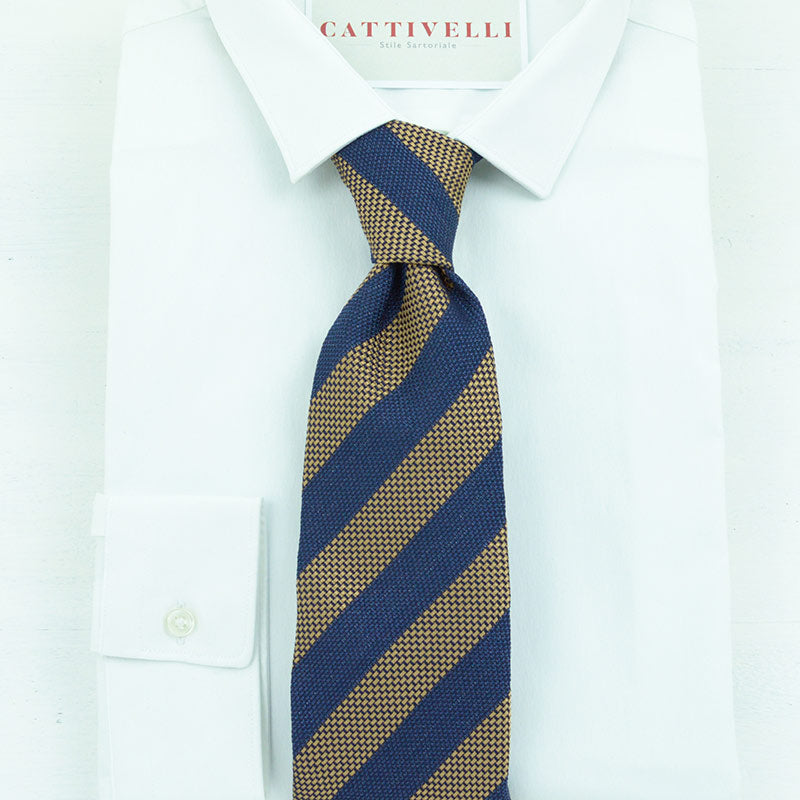 Cravatta a 7 pieghe Handmade disegno Regimental nei colori del Blue Classic e daino