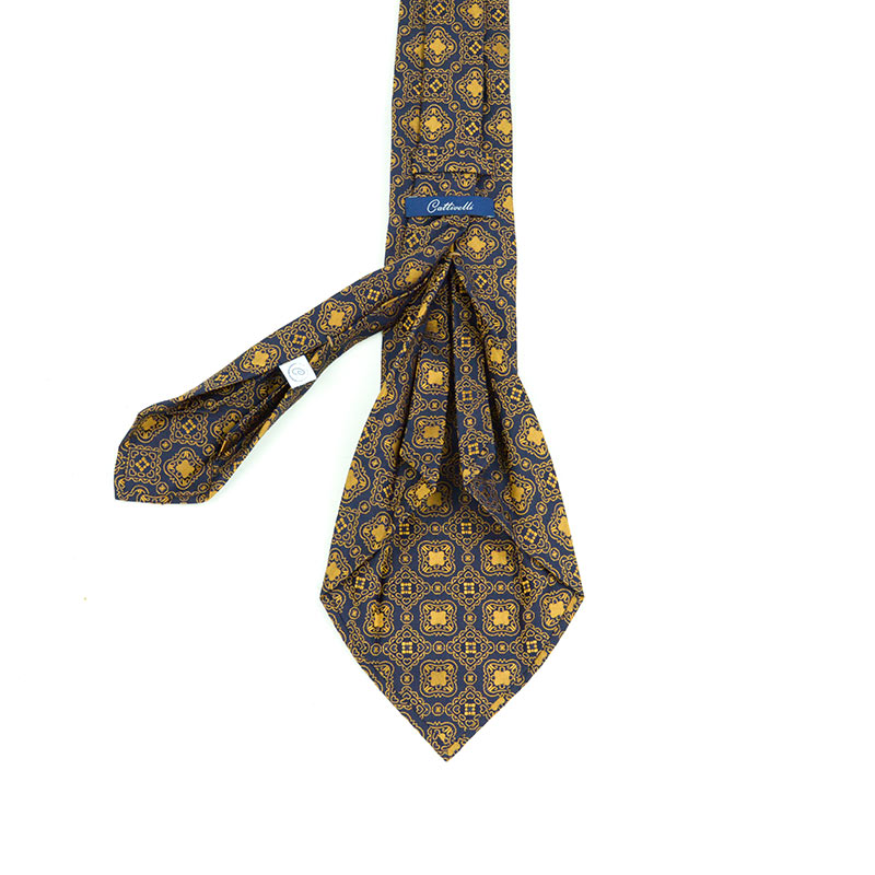 Cravatta a 7 pieghe Fatta a mano con disegno medaglioni in giallo oro